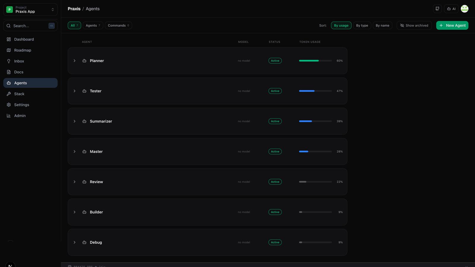 Praxis Agents — active agent run panel
