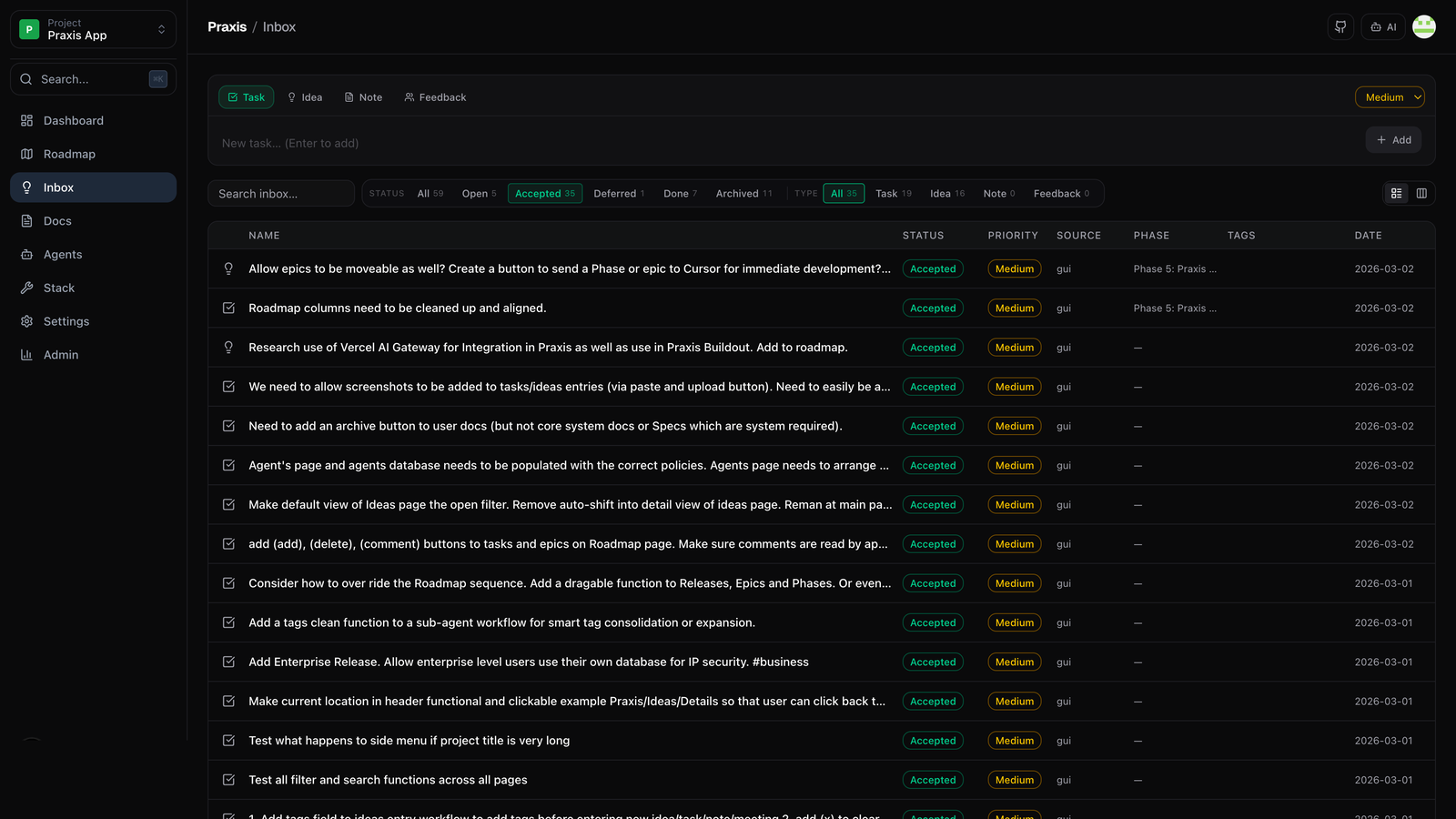 Praxis Human Inbox — idea capture view